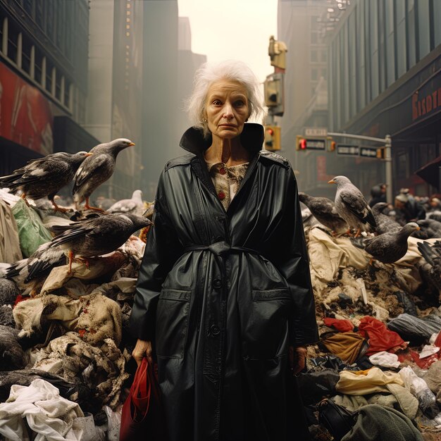 una mujer de pie frente a una pila de basura
