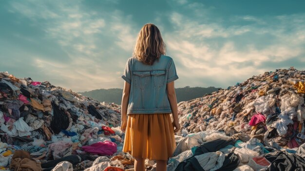 Foto mujer de pie frente a una pila de basura