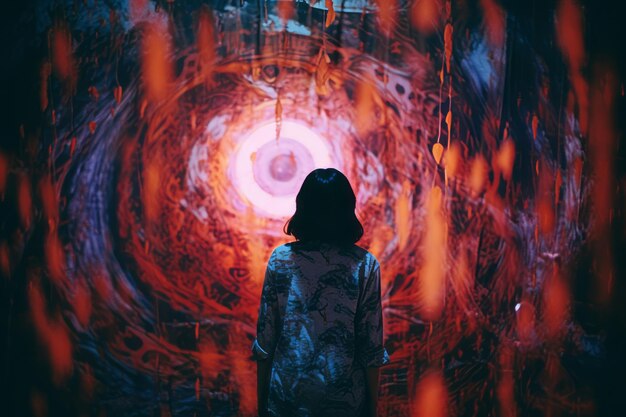 Foto una mujer de pie frente a una pintura abstracta