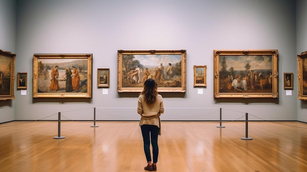 Foto una mujer está de pie frente a las pinturas en un museo.