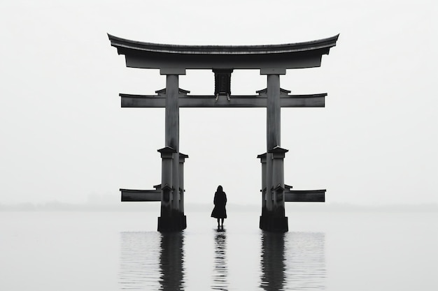 Foto mujer de pie frente a la puerta torii en un lago de niebla