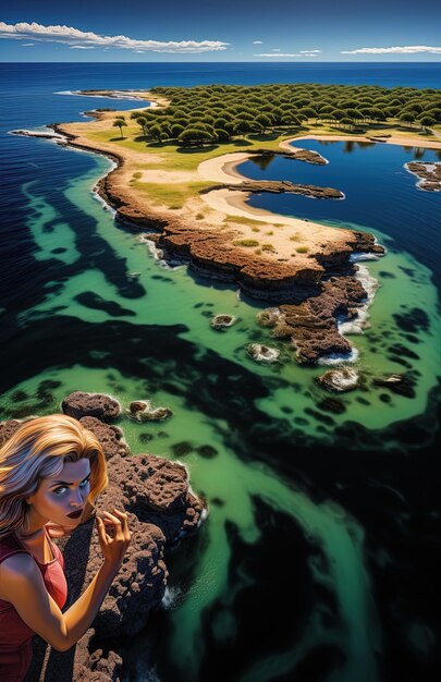 Foto una mujer está de pie frente a un río con una foto de una mujer en una camiseta