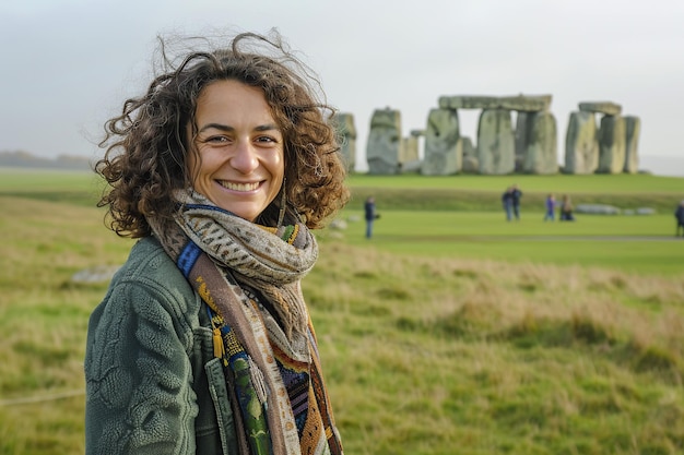 Foto una mujer de pie frente a stonehenge.