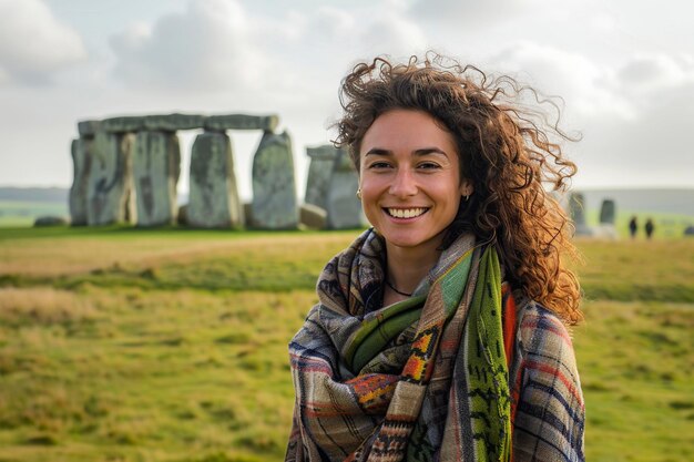 Foto una mujer de pie frente a stonehenge.