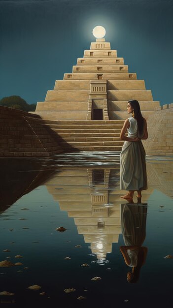 Foto una mujer de pie frente a un templo con el reflejo del cielo en el agua