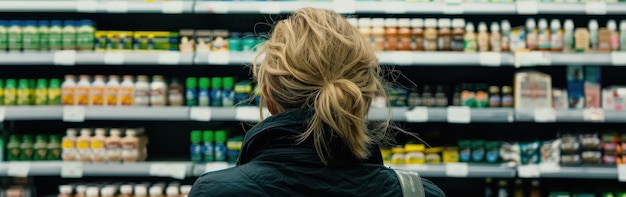 Foto una mujer está de pie frente a una tienda llena de varias bebidas y bebidas posiblemente decidiendo