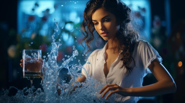 Mujer de pie frente a un vaso lleno de agua