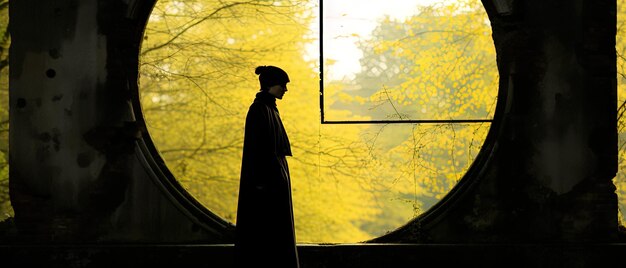 Foto una mujer está de pie frente a una ventana con hojas amarillas