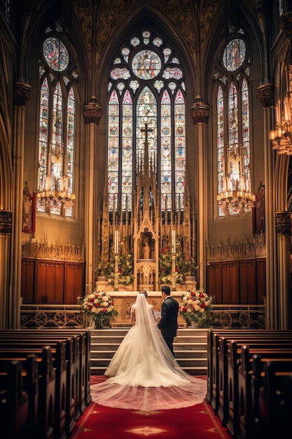 Una mujer de pie en la iglesia.