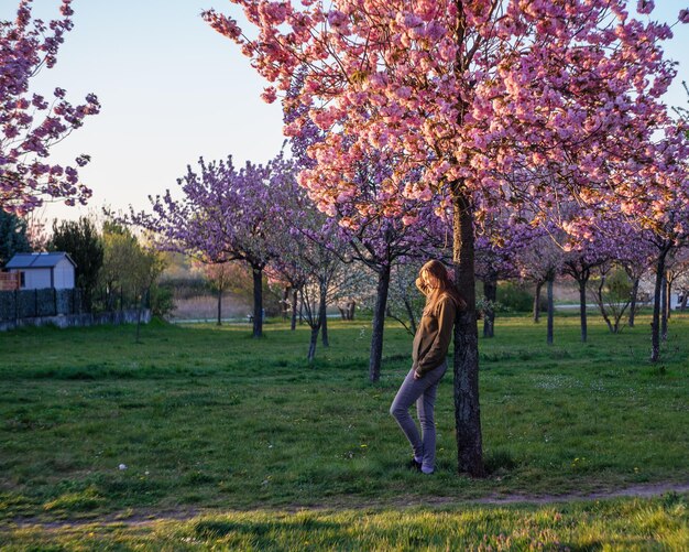 Foto mujer de pie junto al árbol de sakura