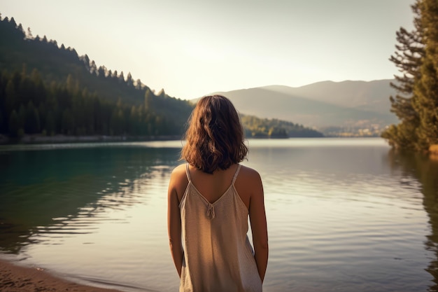Mujer de pie junto al lago en una serena mañana de verano AI