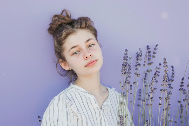 Mujer de pie junto a las flores de lavanda