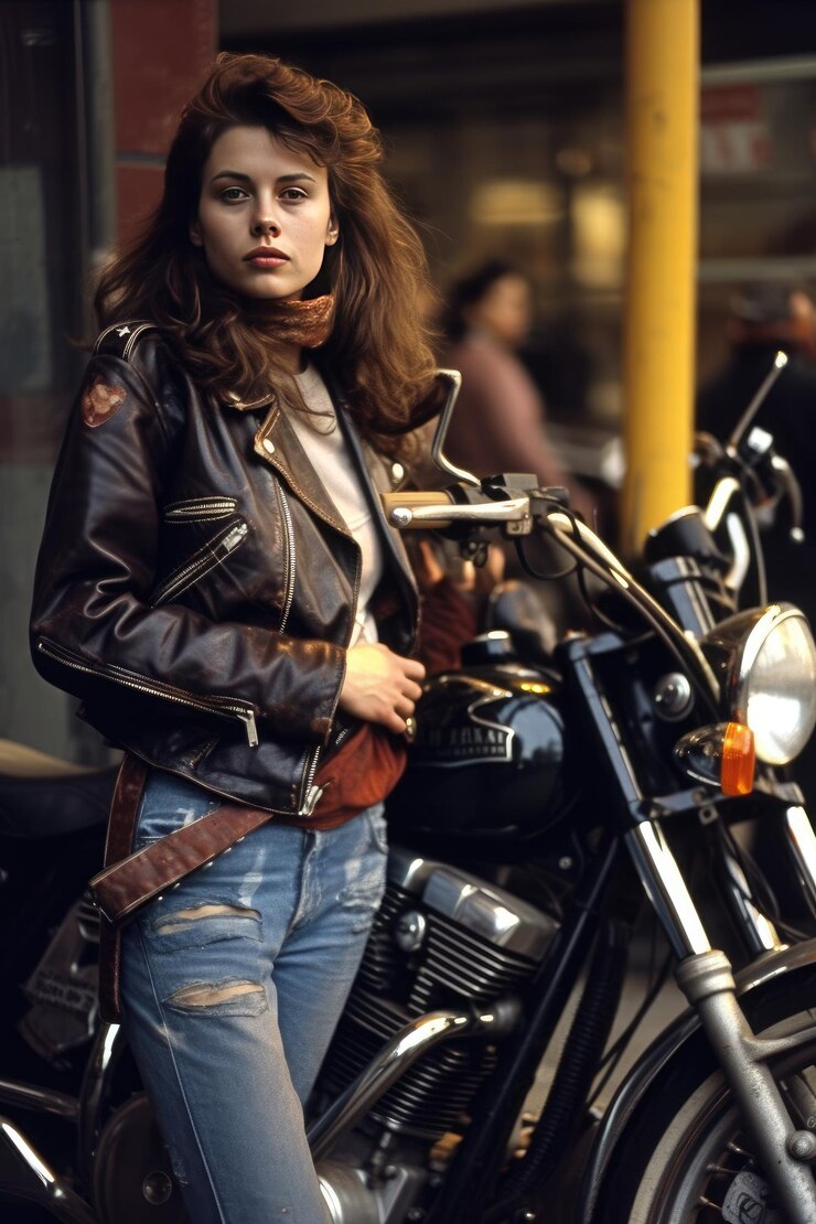 Una mujer de pie junto a una motocicleta con una chaqueta de cuero