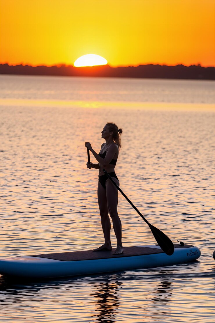 Mujer de pie en línea recta en la tabla de remo admirando la belleza de la puesta de sol mientras se equilibra sin esfuerzo