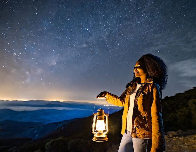 Una mujer de pie con una linterna en la noche en la montaña