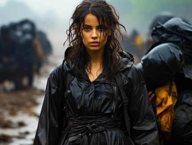 Mujer de pie en la lluvia con impermeable negro