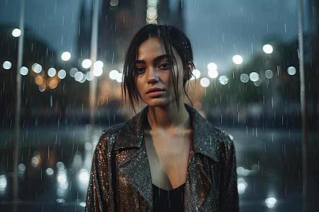 Una mujer de pie bajo la lluvia en una noche lluviosa