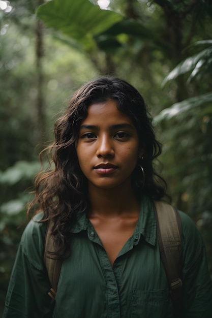 Una mujer de pie en medio de un bosque