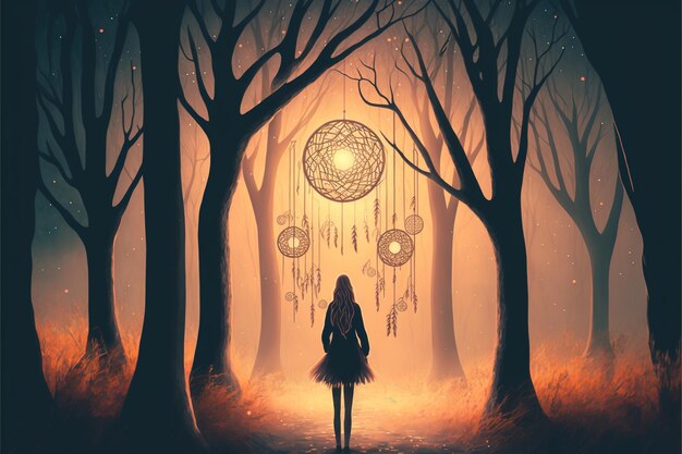 Mujer de pie y mirando el atrapasueños que cuelga de los árboles en el bosque misterioso estilo de arte digital ilustración pintura fantasía ilustración de una mujer que mira el atrapasueños