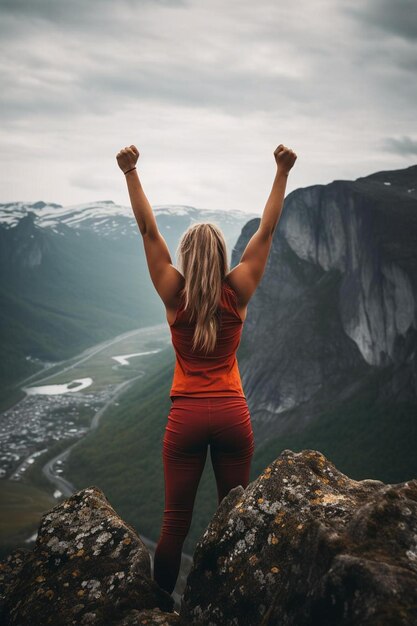 Foto una mujer de pie en una montaña con los brazos levantados en el aire