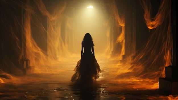 mujer de pie en la niebla con fondo de fantasía misteriosa fantasía misteriosa escena de fantasía