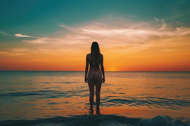 Una mujer de pie en el océano al atardecer