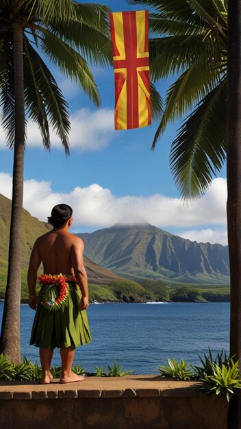 Foto una mujer de pie bajo una palmera con una bandera roja y amarilla en ella