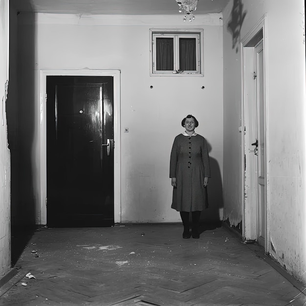 Foto una mujer de pie en un pasillo con un abrigo puesto