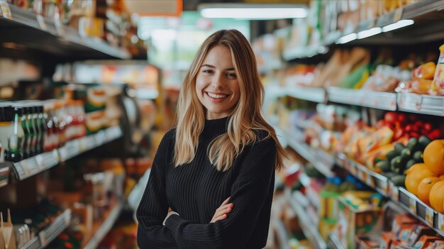 Una mujer de pie en un pasillo de una tienda de comestibles