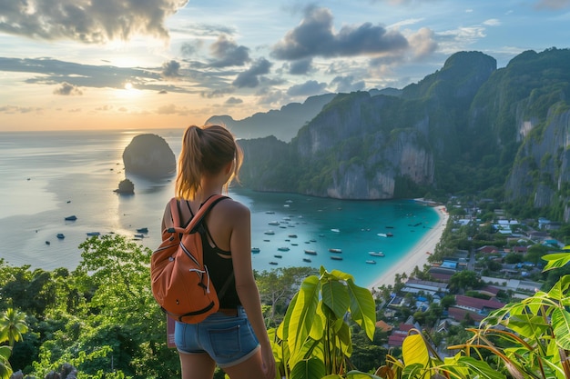 Una mujer de pie en Phi Phi View Point y ver la vista desde la vista de un pájaro