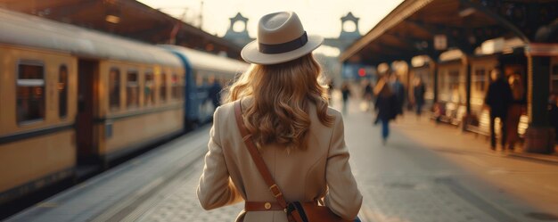 Foto una mujer de pie en una plataforma en una bulliciosa estación de tren con un tren llegando en el fondo