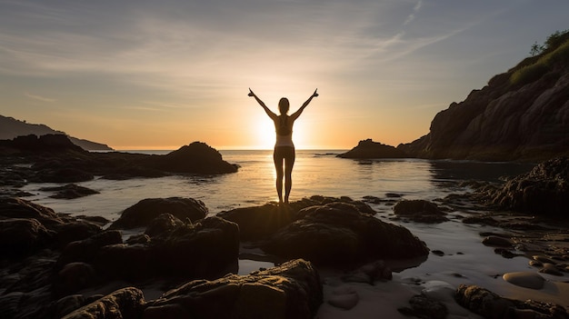 Foto una mujer está de pie en una playa con los brazos en alto.