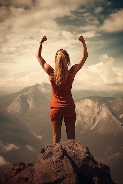 Foto una mujer está de pie en una roca con los brazos levantados en el aire