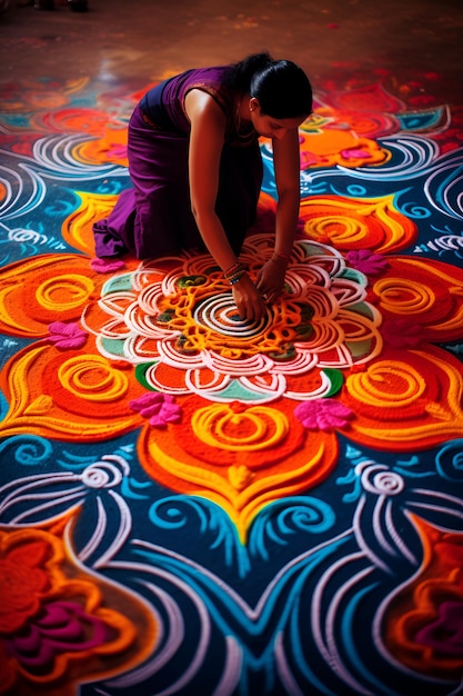 Foto mujer de pie de rodillas mientras crea un diseño de rangoli en el suelo concepto de celebración de diwali