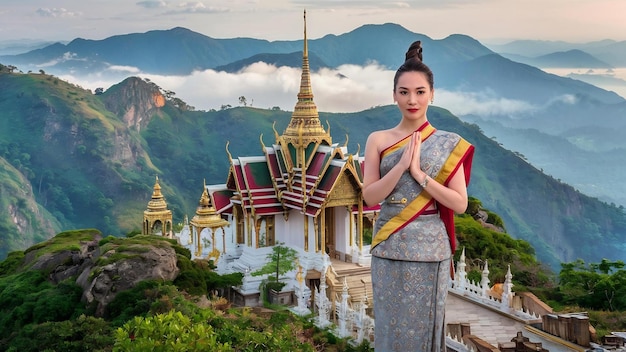 Foto mujer de pie en el templo de wat phra que pha son kaew en khao kho phetchabun tailandia