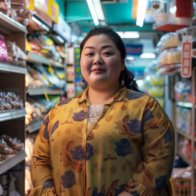 Foto una mujer está de pie en una tienda