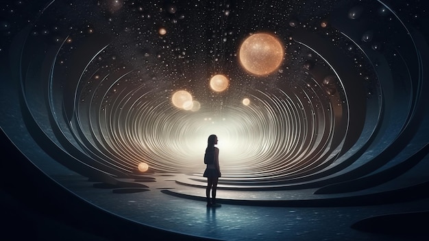 Una mujer de pie en un túnel con luces y estrellas Arte generativo con IA