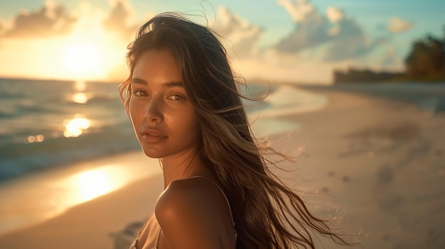 Mujer con piel bronceada en una puesta de sol en la playa