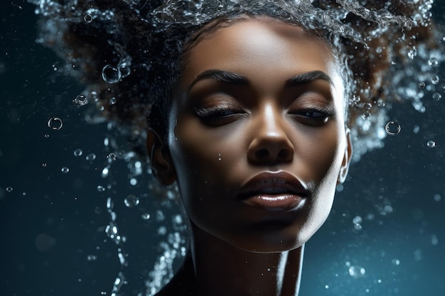 Una mujer de piel y cabello negros está rodeada de agua.