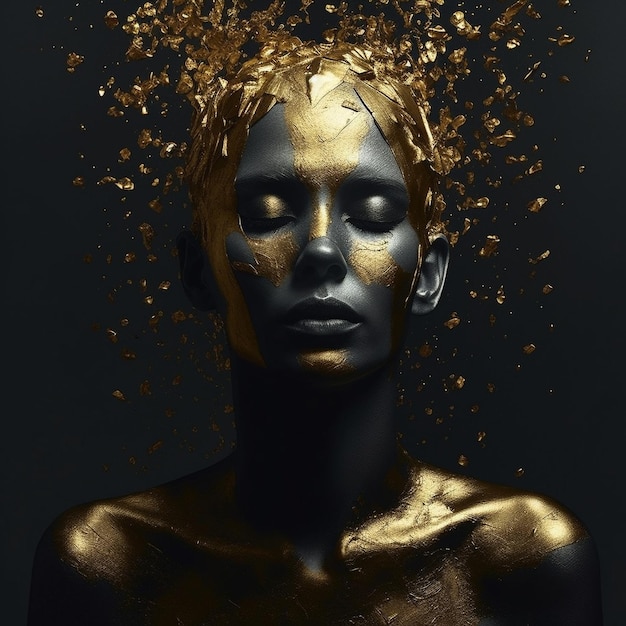 una mujer con piel dorada y cabeza cubierta de pintura dorada.