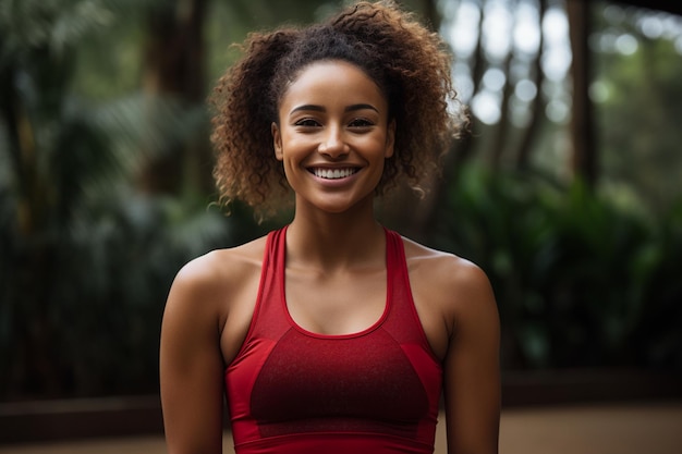 Mujer de piel marrón muy linda en el colchón de yoga generativo feliz Ai