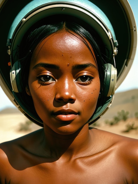 Una mujer con piel negra y auriculares puestos.