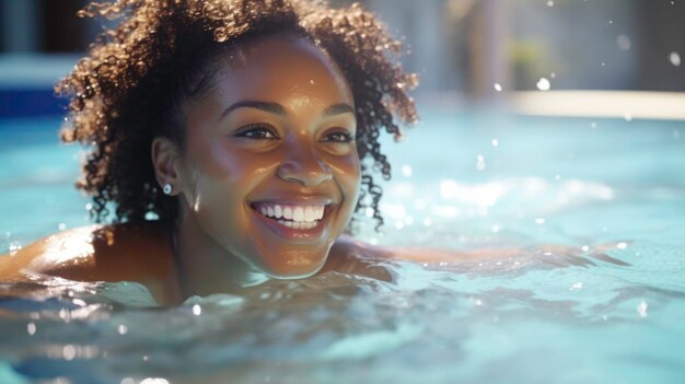 Mujer de piel oscura feliz nadando bajo el agua en una piscina pública