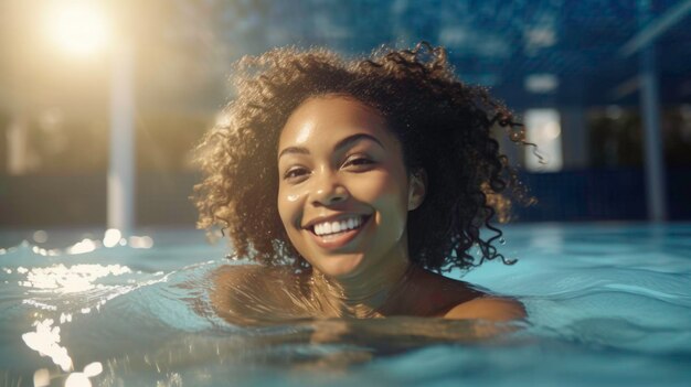 Mujer de piel oscura feliz nadando bajo el agua en una piscina pública