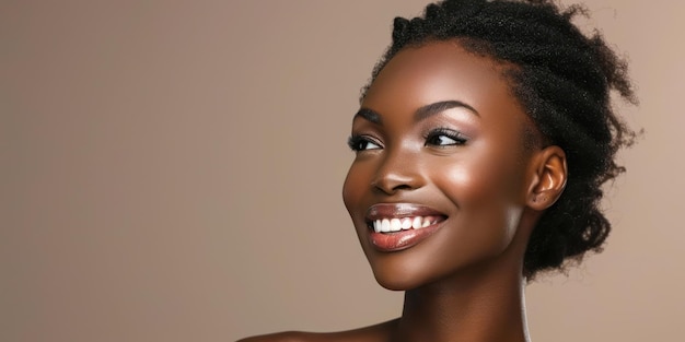 Una mujer con piel rojiza sonriendo alegremente destacando su belleza natural