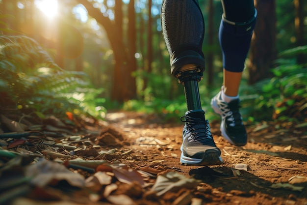 Una mujer con una pierna protésica corre por un bosque