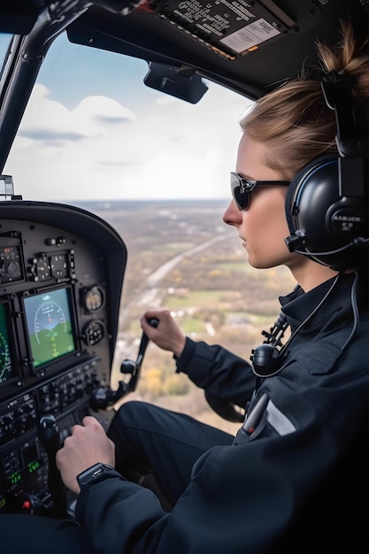 Foto mujer piloto en la cabina de un helicóptero en vuelo con una vista de la ciudad desde arriba