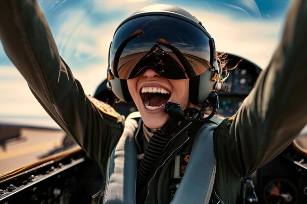 Foto una mujer piloto emocionada dentro del avión militar