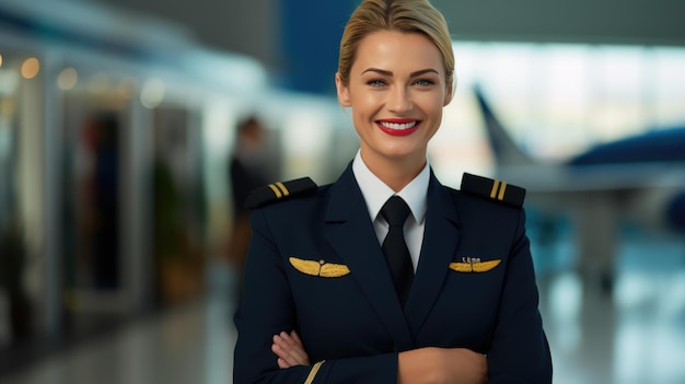 Mujer piloto frente a avión