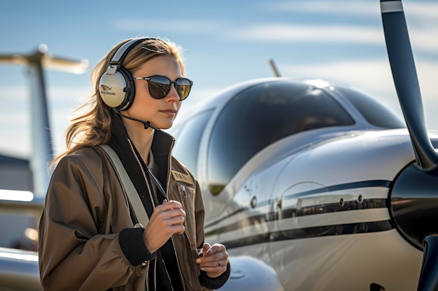 Una mujer piloto de pie frente a un pequeño avión privado